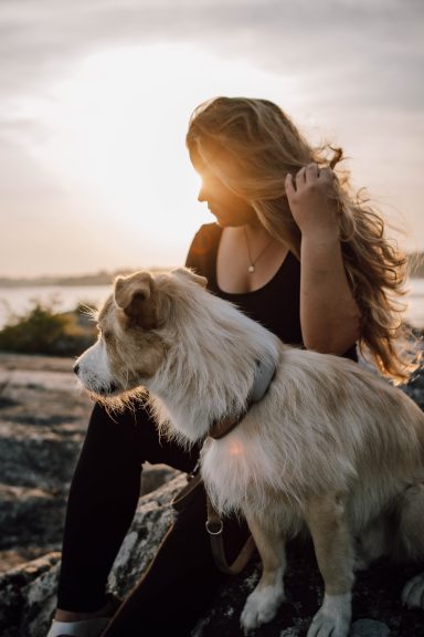 Frau und Hund im Sonnenuntergang auf Reisen, Gegenlichtaufnahme, Kathy Audrey Photography.